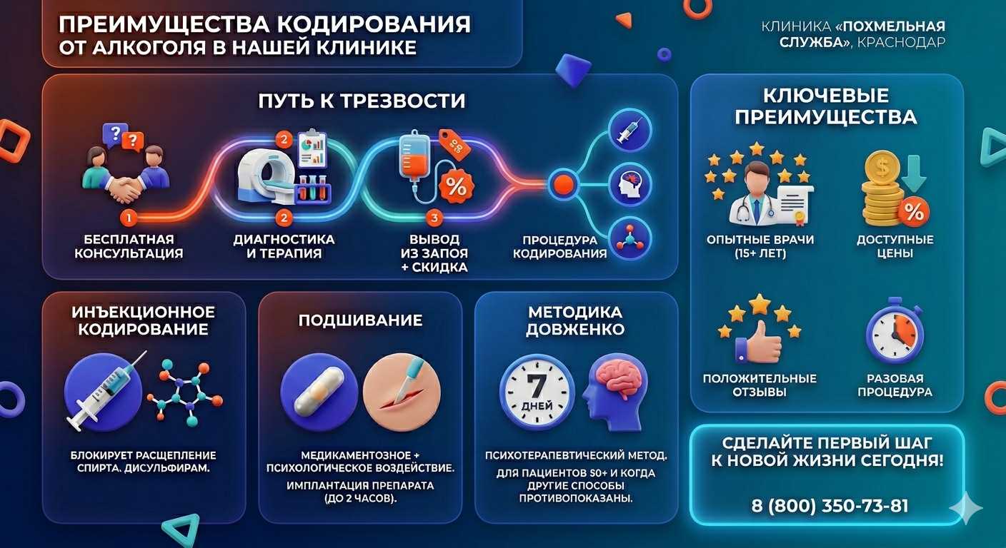 Инфографика о методах кодирования от алкоголя в Урюпинске: инъекции, подшивание, метод Довженко. Преимущества клиники и этапы лечения.